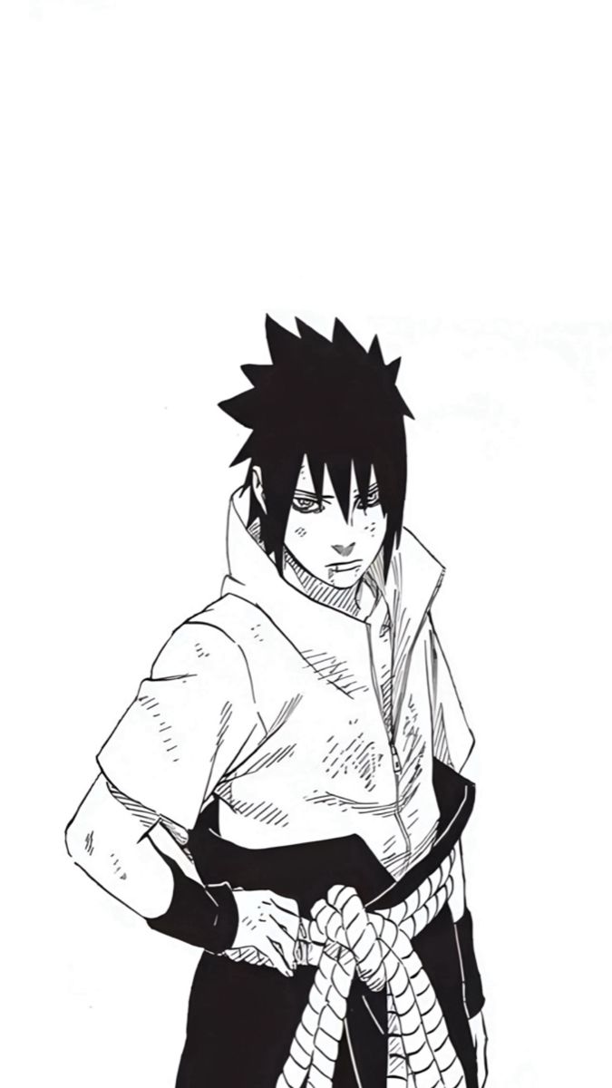 an anime character in black and white holding a rope with his hands on his hips