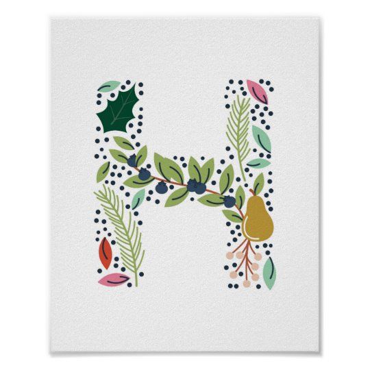 the letter h is made up of leaves and berries on a white background with black dots