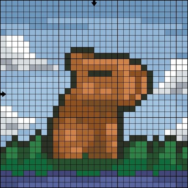 a pixellated image of a dog in the grass with clouds and blue sky behind it