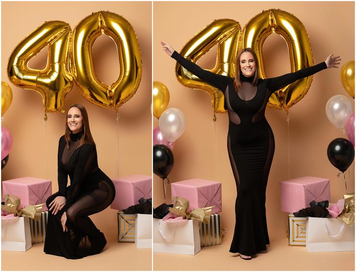 two photos of a woman posing for the camera with balloons and presents in front of her