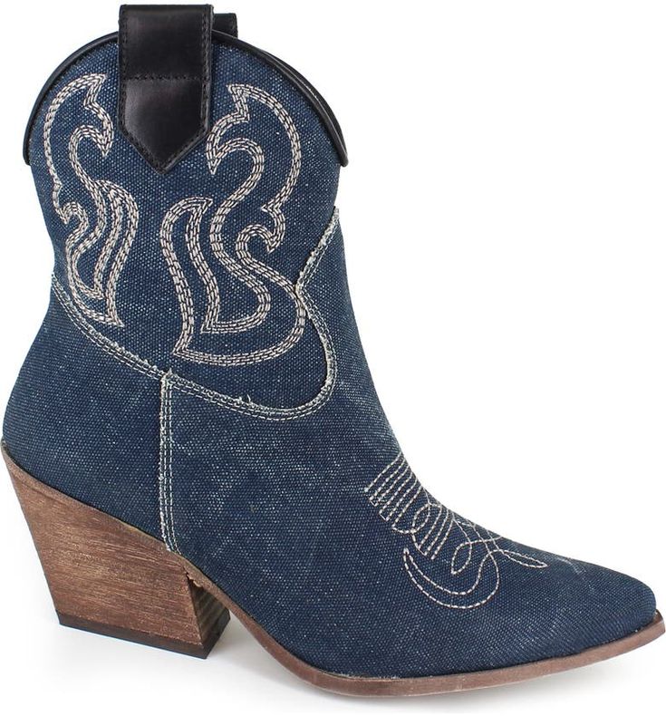 Western Style Denim Blue Boots For Fall, Western Denim Blue Boots For Fall, Denim Blue Western Boots For Fall, Western Style Denim Blue Boots With Round Toe, Western Boots With Round Toe In Denim Blue, Denim Blue Western Boots With Round Toe, Denim Ankle Boots For Fall, Denim Blue Pointed Toe Denim Boots, Trendy Dark Wash Boots For Fall