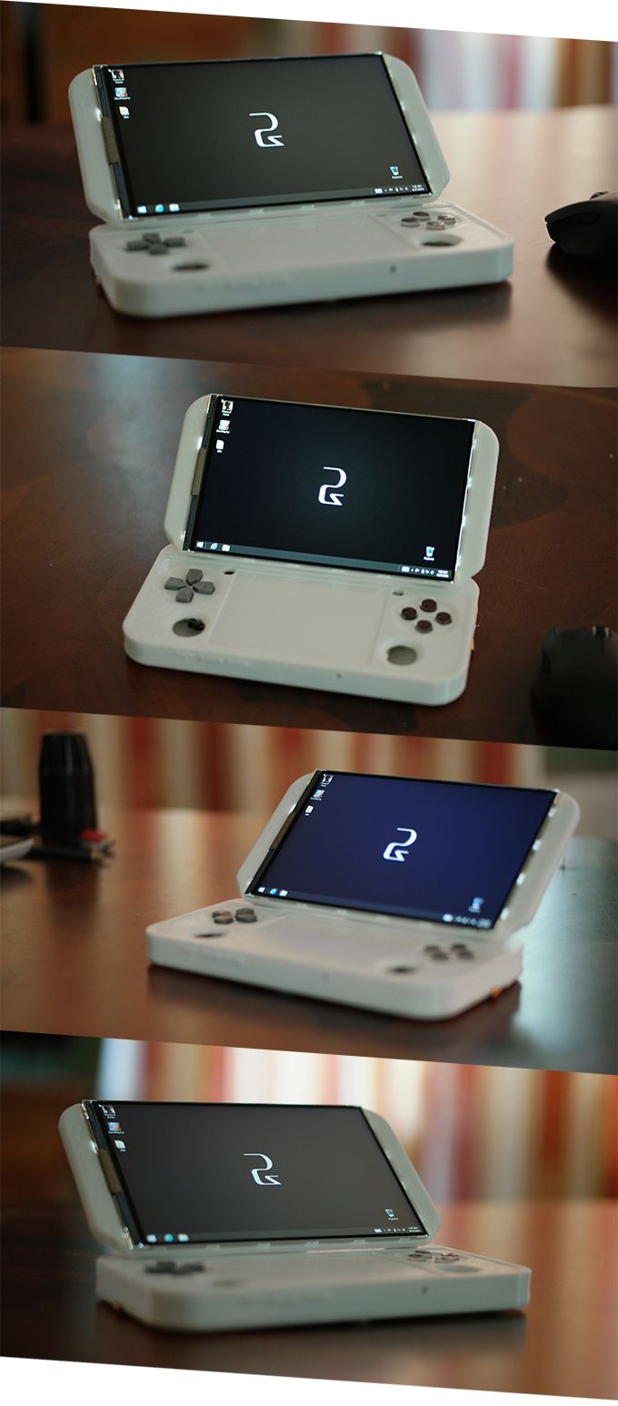 four different views of an electronic device sitting on a wooden table with the screen open