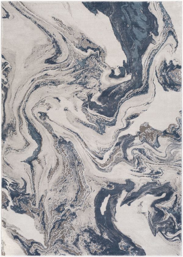 an abstract marbled design in grey and white colors, with blue highlights on the edges