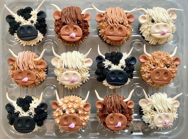 twelve cupcakes decorated to look like cows in the shape of heads with horns