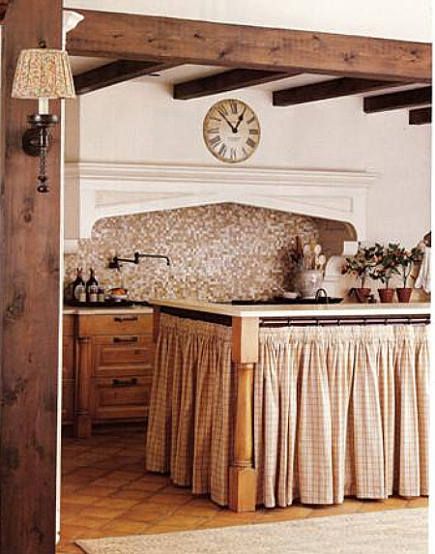 an old photo of a kitchen with a clock on the wall above the stove and sink