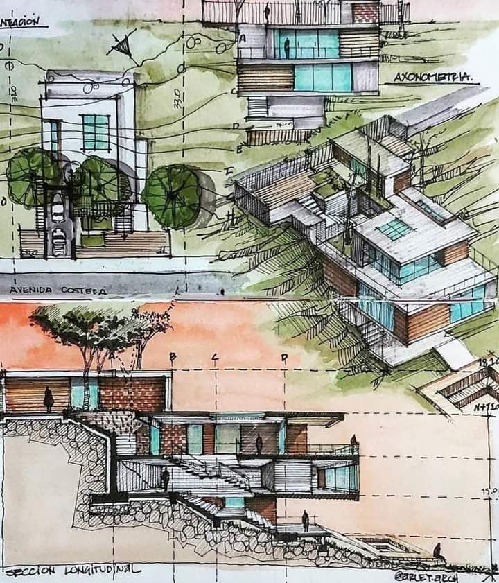 two drawings of different houses on the same page, each with their own architectural details