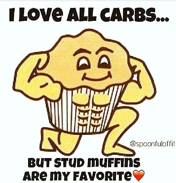 an image of a cartoon character holding a cupcake with the caption i love all carbs but stud muffins are my favorite