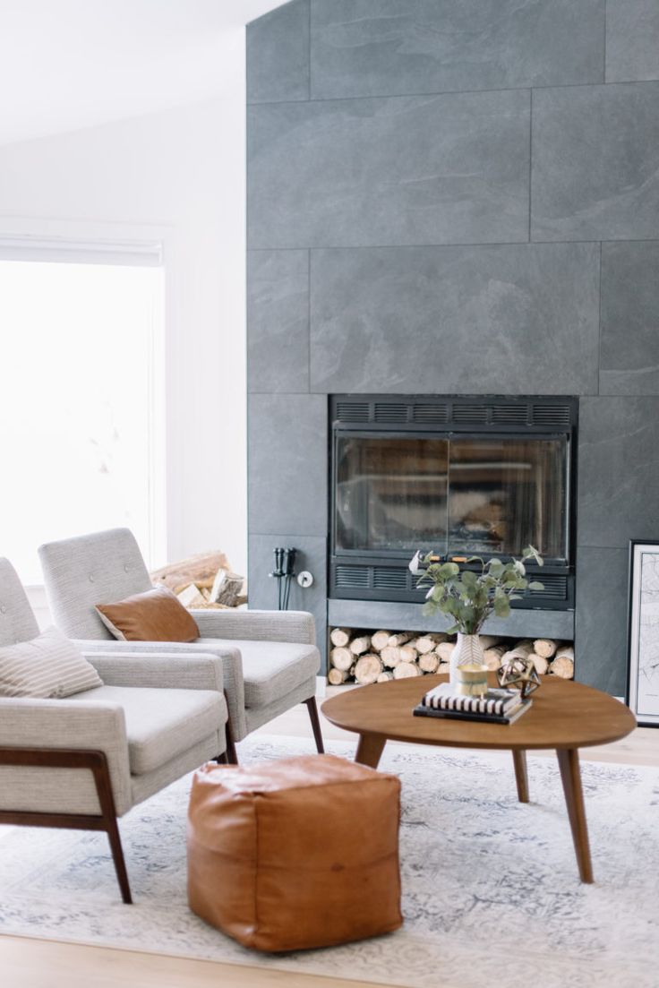 a living room filled with furniture and a fire place in front of a tv mounted on the wall