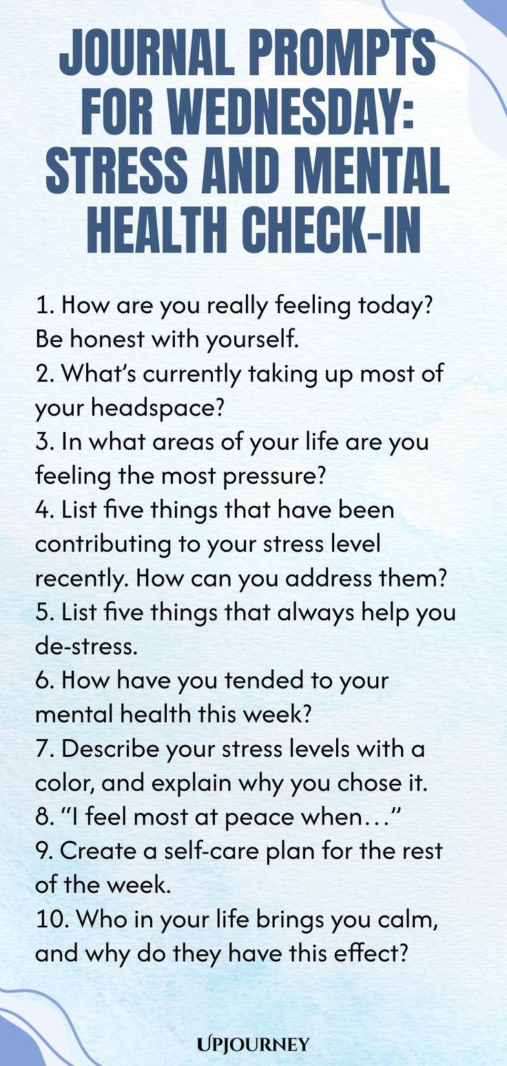 Discover insightful journal prompts for Wednesday focused on stress and mental health check-in. Explore self-reflection and promote wellness with these thought-provoking prompts. Take time to connect with your thoughts and emotions, prioritizing your mental well-being. Utilize these prompts to foster inner growth and nurture your mind-body connection. Embrace this opportunity for self-care and introspection as you navigate the challenges of the week ahead. Journaling can be a powerful tool for u Mental Health Check In, 100 Journal Prompts, Mental Health Questions, Weekly Writing Prompts, Work Etiquette, Psychology Terms, Relationship Quizzes, Counseling Worksheets, Journal Questions