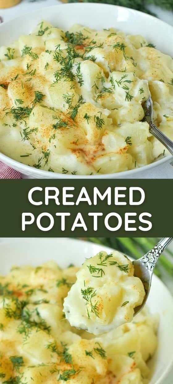 two pictures showing different types of baked potato casserole with cheese and herbs on top