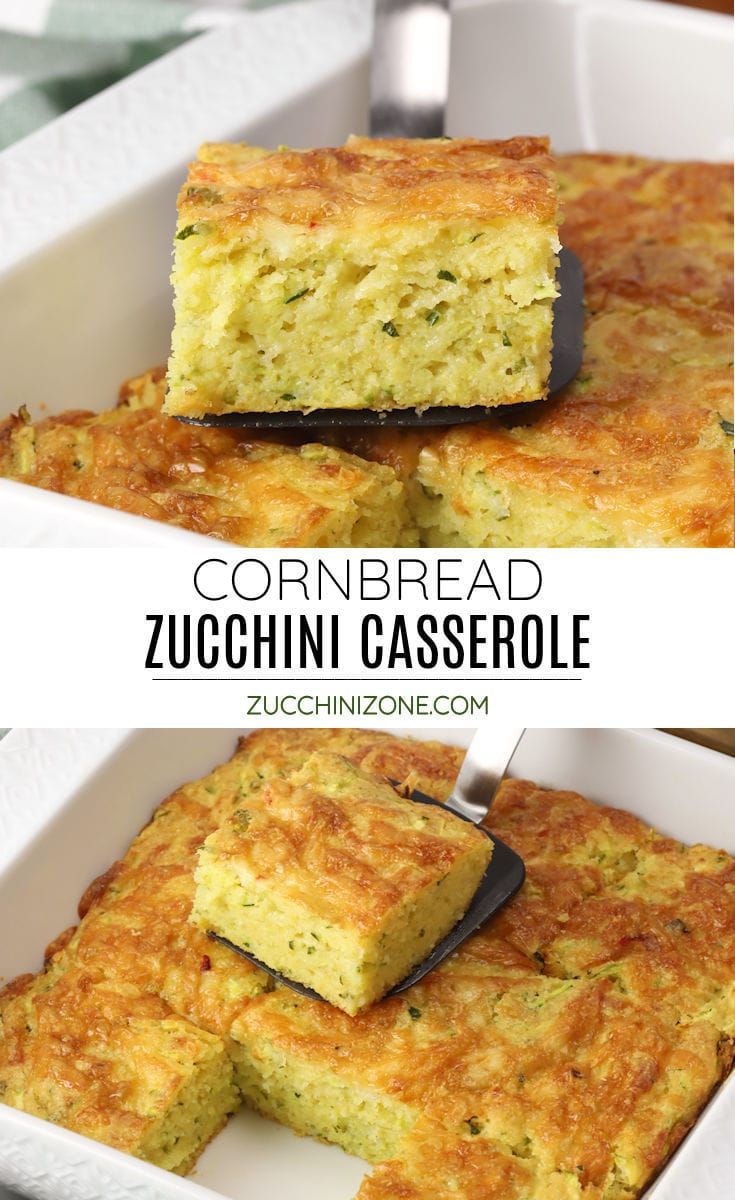 cornbread zucchini casserole in a white baking dish