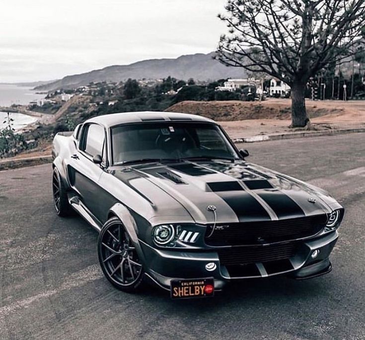 a black and silver mustang parked on the side of a road next to a body of water