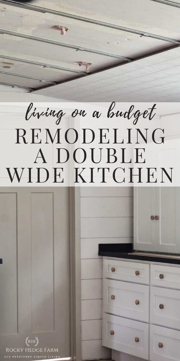 a kitchen with white cabinets and black counter tops that says fixing on a budget remodeling a double wide kitchen