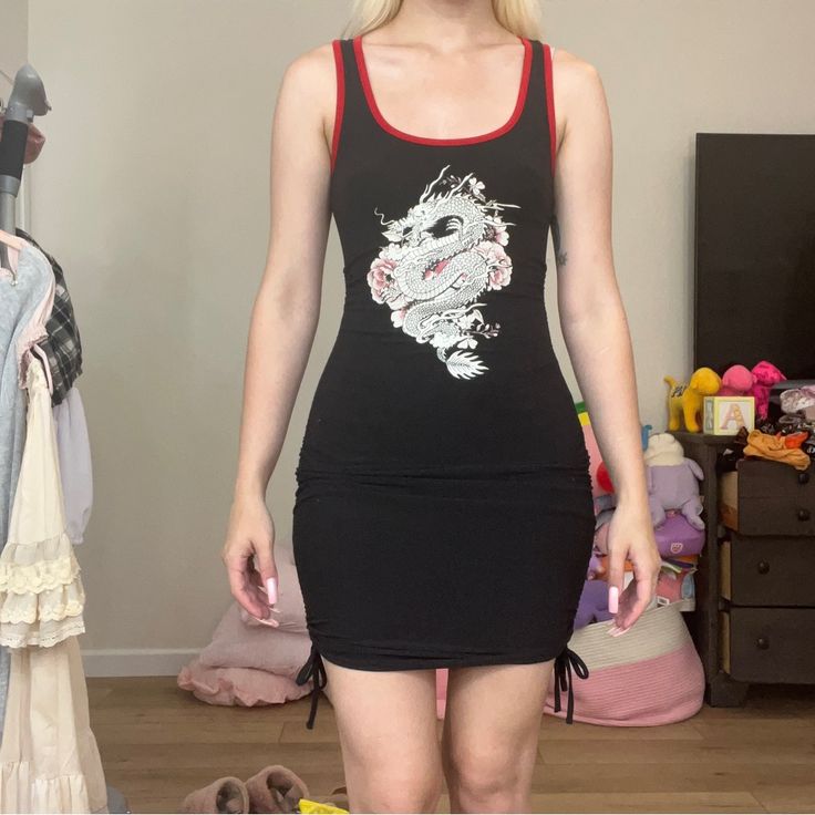 Chinese Dragon Black Bodycon Dress! New Without Tags! Red Detailing On Straps, Super Duper Stretchy And Comfortable! Size Xs But Could Fit A Small/Medium As Well. No Longer Made/Sold Out! Can Be Made Longer Or Shorter With The Ties On The Sides! #Chinesedragon #Dragon #Dollskill #Bodycon #Chinese Dragon Black, Super Duper, Chinese Dragon, Black Bodycon Dress, No Boundaries, Make And Sell, Boundaries, Colorful Dresses, Bodycon Dress