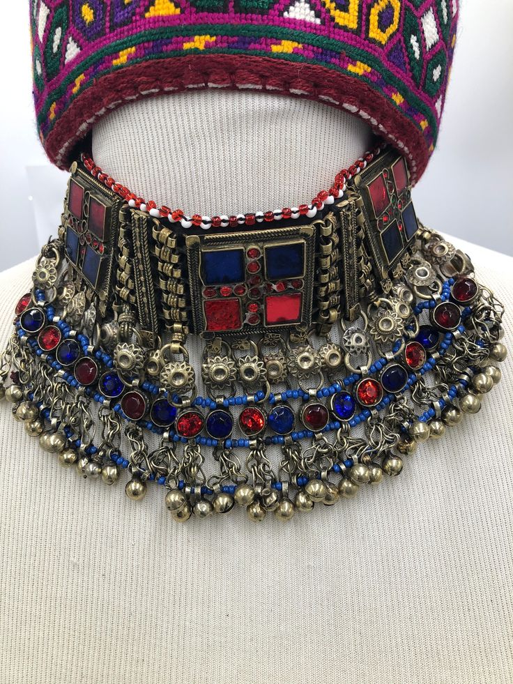 Afghan Tribal Vintage Statement Choker, Afghan Choker With Beads and Glass Stones, Note: The product is handmade, so slight change might occur in the actual product. Adjustable Metal Choker For Festivals, Multicolor Metal Choker For Festivals, Unique Adjustable Choker For Festivals, Adjustable Metal Traditional Choker, Adjustable Festival Choker, Adjustable Metal Choker For Festive Occasions, Adjustable Bohemian Choker For Festivals, Bohemian Metal Choker For Festivals, Bohemian Metal Choker For Festive Occasions