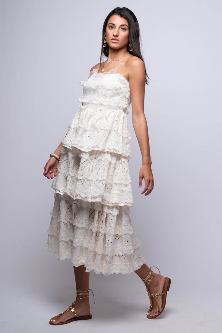 The Rumi Midi Dress is a simple yet elegant choice for any occasion. With its off-white color, tiered design, and lace detailing, this strapless bustier midi dress is sure to make you feel confident and stylish. Hand Wash 100% Cotton Import Fit Guide: Libby is 5ft 9 inches; Bust 34”, Waist 25”, Hips 34” Model is wearing a small True to size *Available at our Envy location Chic Lace Dress With Ruffles And Spaghetti Straps, White Midi Tiered Dress For Garden Party, White Midi Length Tiered Dress For Garden Party, Chic Tiered Lace Dress, Lace Tiered Skirt Dress For Brunch, Tiered Lace Dress For Brunch, Lace Midi Dress With Ruffles, Strapless Ruffled Midi Dress For Garden Party, White Strapless Tiered Dress For Spring