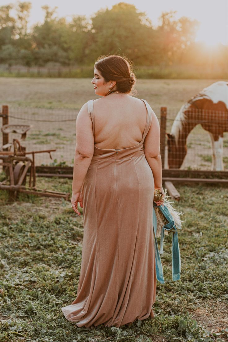 a woman in a brown dress standing next to a fence with horses behind her on a farm