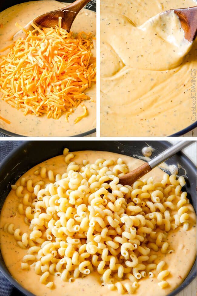 the process of making macaroni and cheese soup is shown in three different pictures