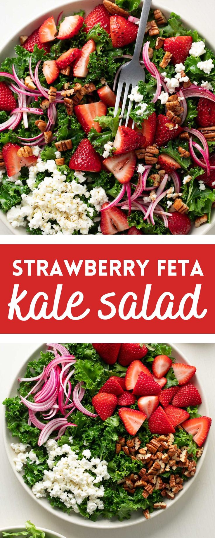 kale salad with strawberries, red onion, feta, pecans, and balsamic dressing Kale Salad Recipes With Strawberries, Kale Salad Strawberries, Kale And Strawberry Salad, Kale Strawberry Salad, Kale Feta Salad, Strawberry Kale Salad, Savory Lunch, Strawberry Feta Salad, Awesome Salads