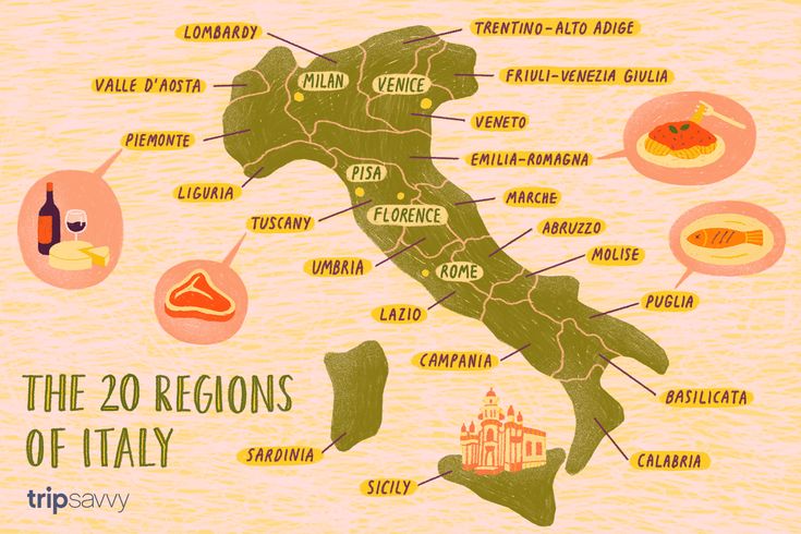 an illustrated map of italy with all the regions and their main food items on it