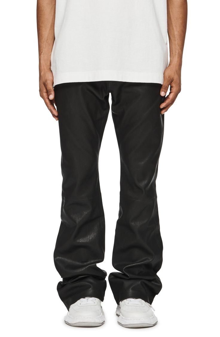 These flared pants crafted from smooth bonded leather instantly elevate your night-out options. 33" inseam, 18" leg opening; 10" front rise; 15" back rise (size 29) Button fly Front scoop pockets; back patch pockets Leather/synthetic Professional leather clean Imported Asian Owned/Founded Leather Flare Bottoms For Work, Flared Leather Bottoms For Work, Flare Leather Bottoms For Work, Sleek Wide Leg Leather Pants, Black Flare Leather Pants For Fall, Flare Leather Pants For Night Out, Flared Leather Pants For Night Out, Leather Wide Leg Streetwear Bottoms, Leather Wide Leg Bottoms For Streetwear