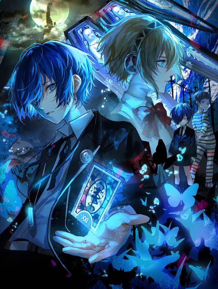 two anime characters standing next to each other in front of an image of flowers and butterflies