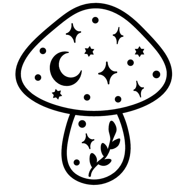 a mushroom with stars and crescents on it's side, in black and white