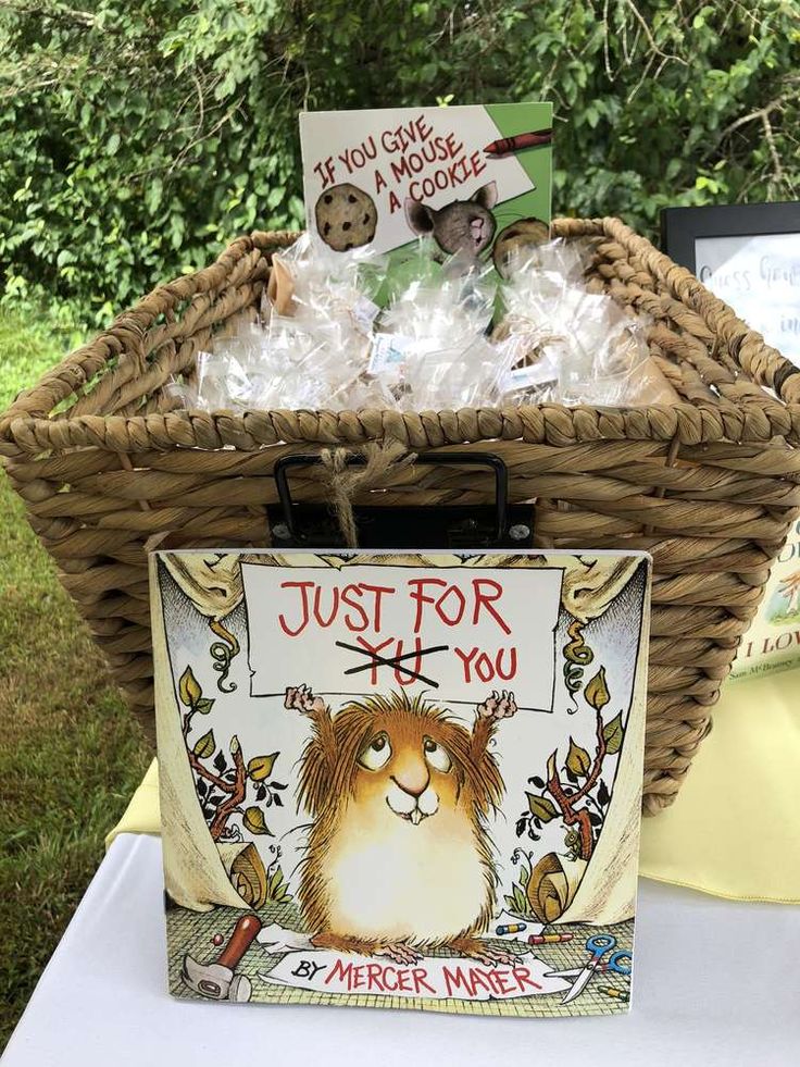 a basket filled with lots of stuff sitting on top of a table next to a sign