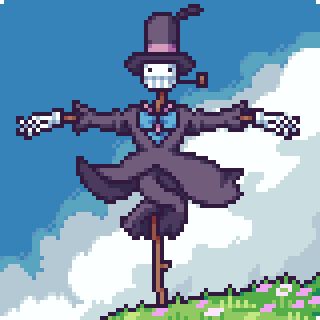 a pixel art style image of a woman in a dress and top hat dancing on a hill