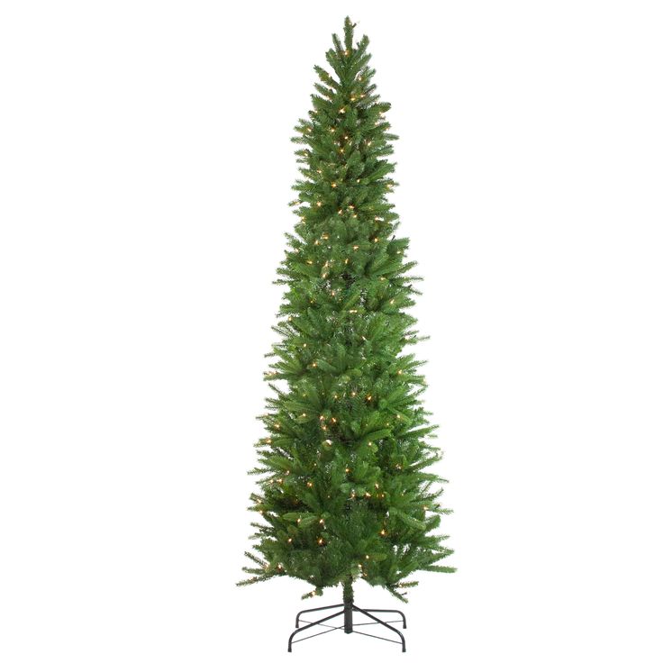 a tall artificial christmas tree with lights on it's sides and a black stand