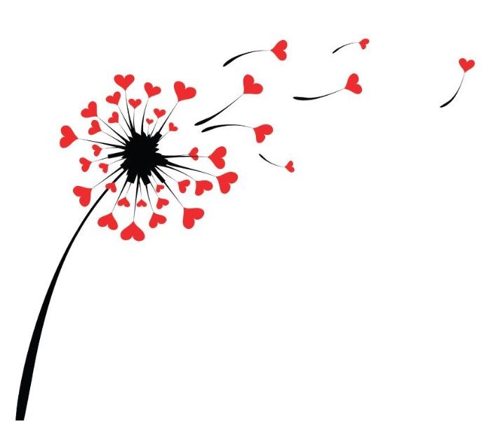 a dandelion with red hearts blowing in the wind, on a white background