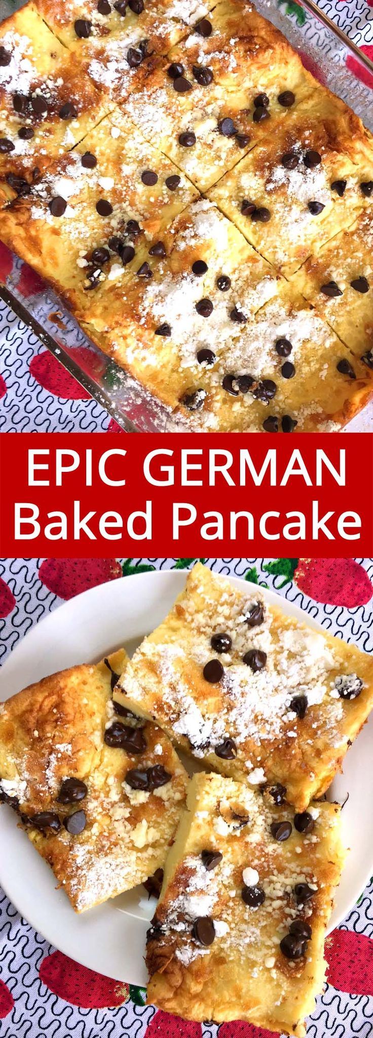 a close up of a plate of baked pancake with chocolate chips on top and the words epic german baked pancake above it