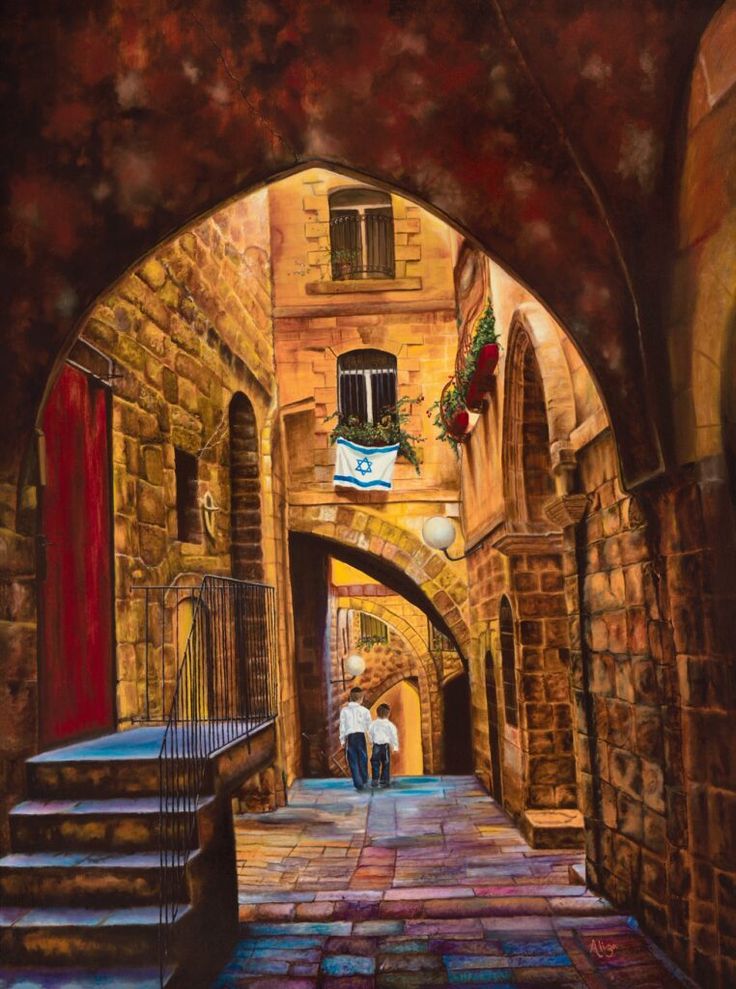 an oil painting of two people walking down the alleyway in front of a building