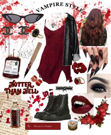 a collage of vampire style items including lipstick, eyeliners and boots