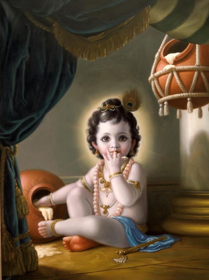 a painting of a baby sitting on the ground with his hands to his mouth and holding something in front of him