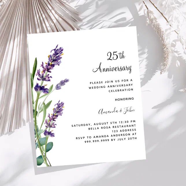 an anniversary party card with lavender flowers on it