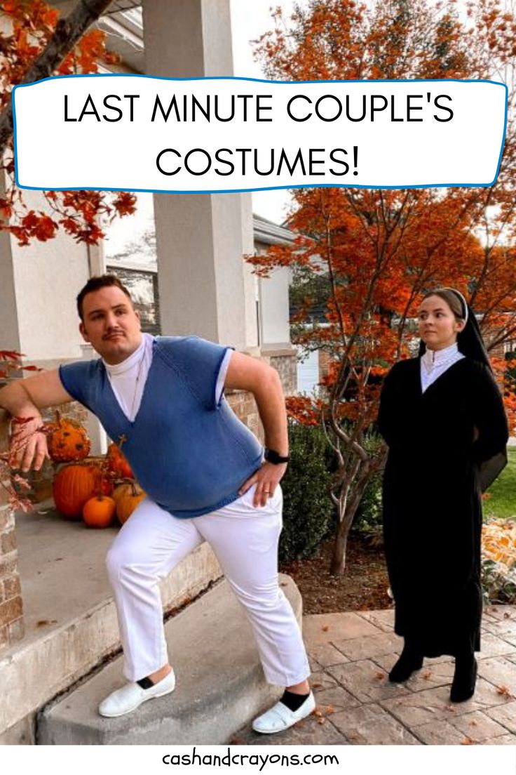 two people dressed up in costumes standing on steps with text overlay that says last minute couples costumes