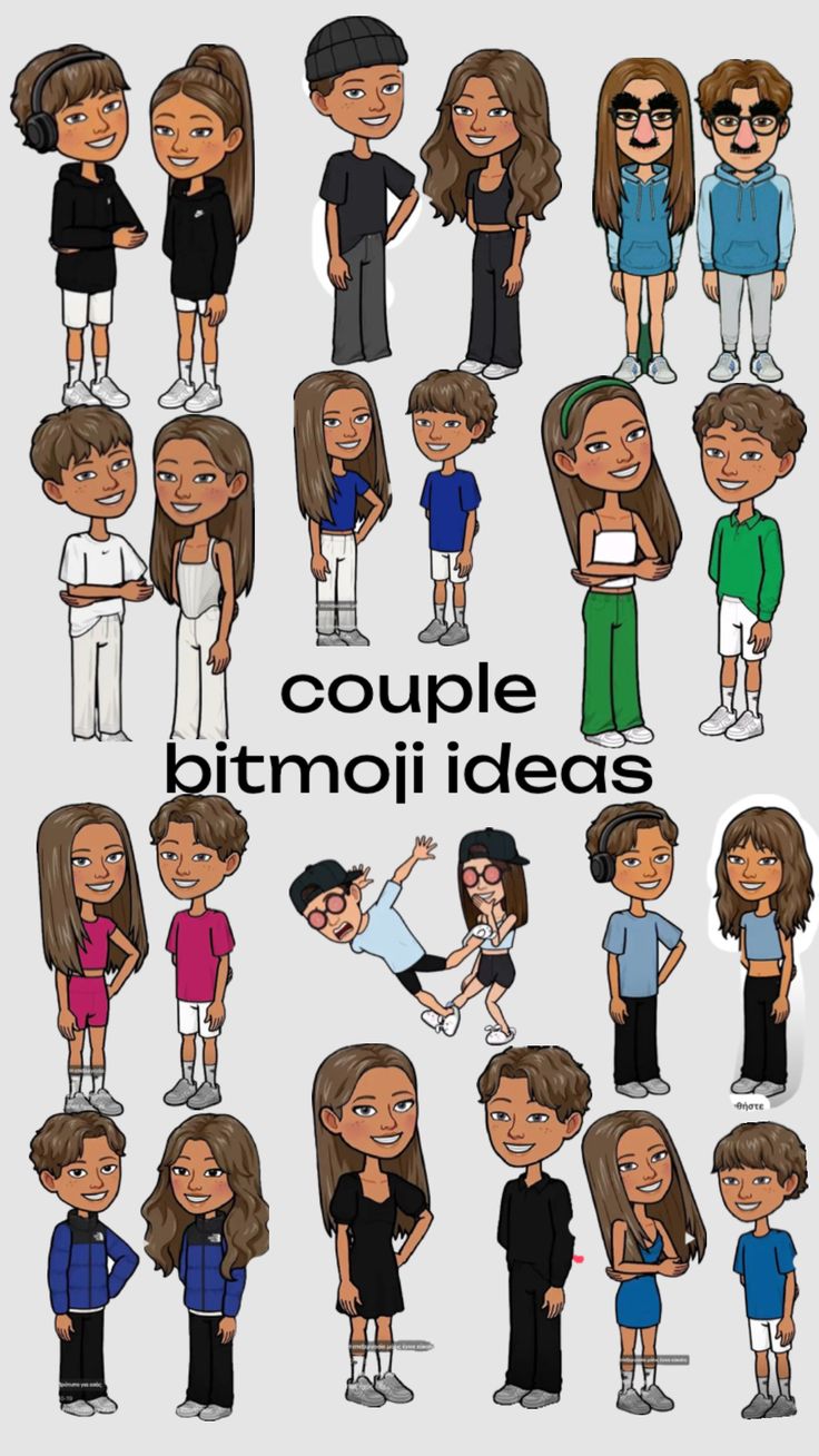 cartoon people are standing together in different poses and colors, with the words couple bimoji ideas above them