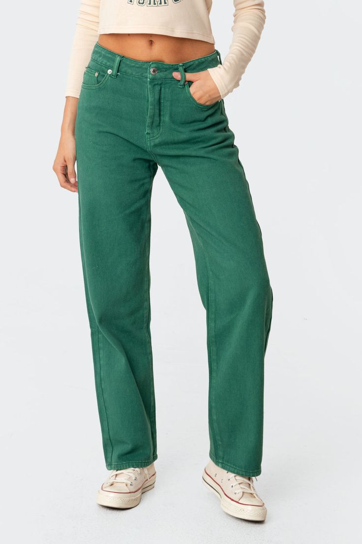 Reigan Wide-Leg Jeans – edikted High Waist Jeans For Fall, Spring Cotton Jeans, Spring Full-length Cotton Jeans, Green Relaxed Fit Mid-rise Pants, Green Cotton Bottoms With Five Pockets, Casual Cotton Jeans With Straight Fit, Relaxed Fit Cotton Flare Jeans For Fall, Casual Cotton Straight Fit Jeans, Casual Straight Fit Cotton Jeans