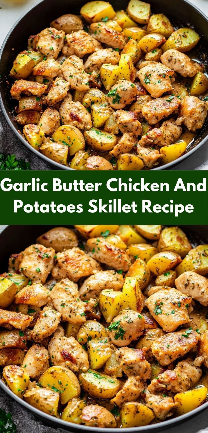 garlic butter chicken and potatoes skillet recipe in a pan with the title above it