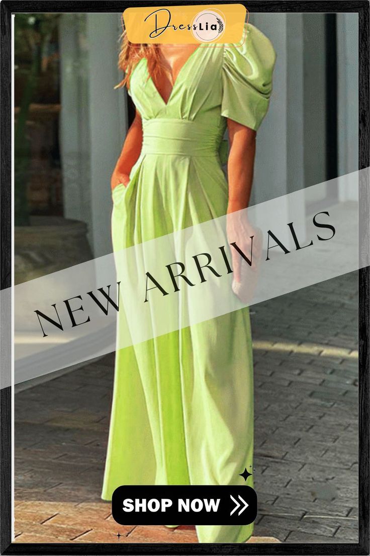 V Neck Puff Sleeve Belted Jumpsuit Elegant Green Short Sleeve Jumpsuit, Elegant Green Spring Jumpsuits And Rompers, Spring Formal Solid Color Jumpsuit, Spring Evening One-piece Jumpsuits And Rompers, Green Formal Jumpsuits And Rompers For Summer, Solid Color Party Jumpsuits And Rompers With Pockets, Spring Party Solid Color Jumpsuits And Rompers, Spring Party Jumpsuits And Rompers In Solid Color, Casual Party Jumpsuits And Rompers With Pockets