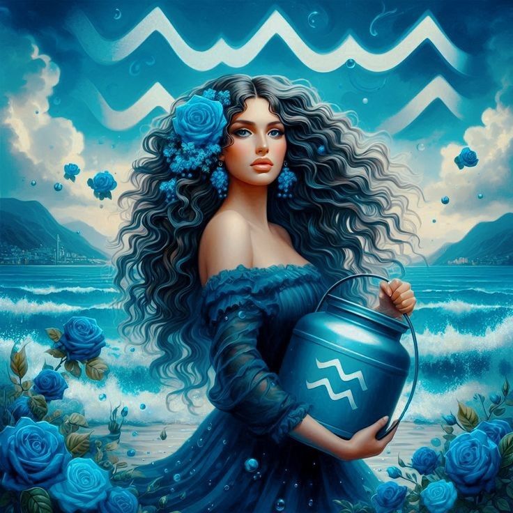 a painting of a woman with long hair holding a blue pot in front of the ocean