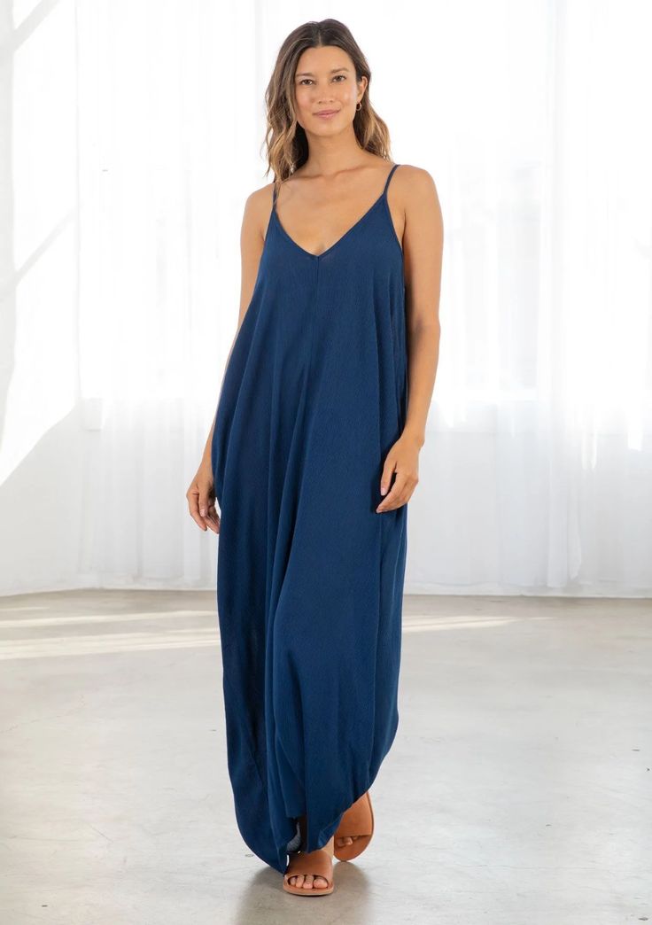 Blue Colored Tank Top style Maxi Dress. With pockets attached Modesty Clothing, Bridesmaid Outfits, Gauze Maxi Dress, Pocket Maxi Dress, Modesty Outfits, Valentine Dress, Spaghetti Strap Maxi Dress, Printed Dresses, Bridesmaid Outfit