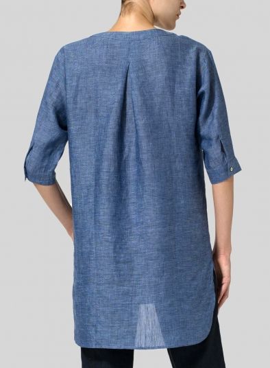 Linen Drop-shoulder Tunics Daywear Relaxed Fit Tunic With Split Neck, Relaxed Fit Split Neck Tunic For Daywear, Casual V-neck Tunic, Casual Summer Tunic With Split Neck, Spring Workwear Tunic With Shirttail Hem, Casual Relaxed Fit Tunic For Workwear, Casual Cotton Tunic For Layering, Spring Casual Tunic With 3/4 Sleeves, Casual Spring Tunic With 3/4 Sleeves