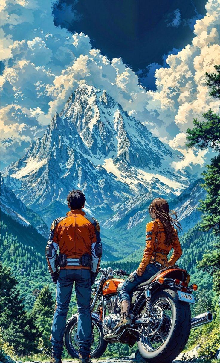 a man and woman standing next to each other on top of a mountain with a motorcycle