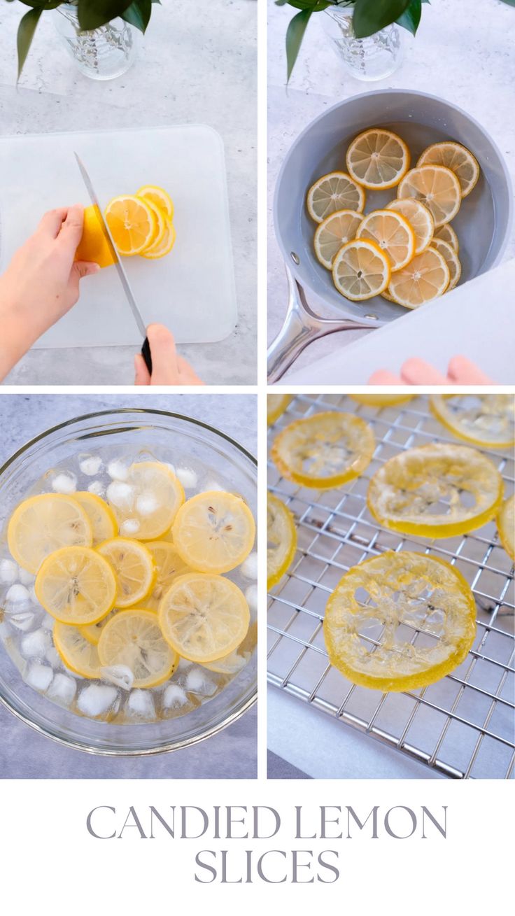 lemon slices are being sliced and placed on a cooling rack with ice cubes next to them