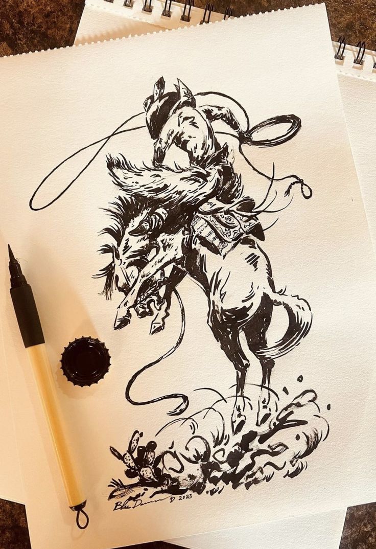 a drawing of a cowboy riding a bucking bronco on top of a sheet of paper