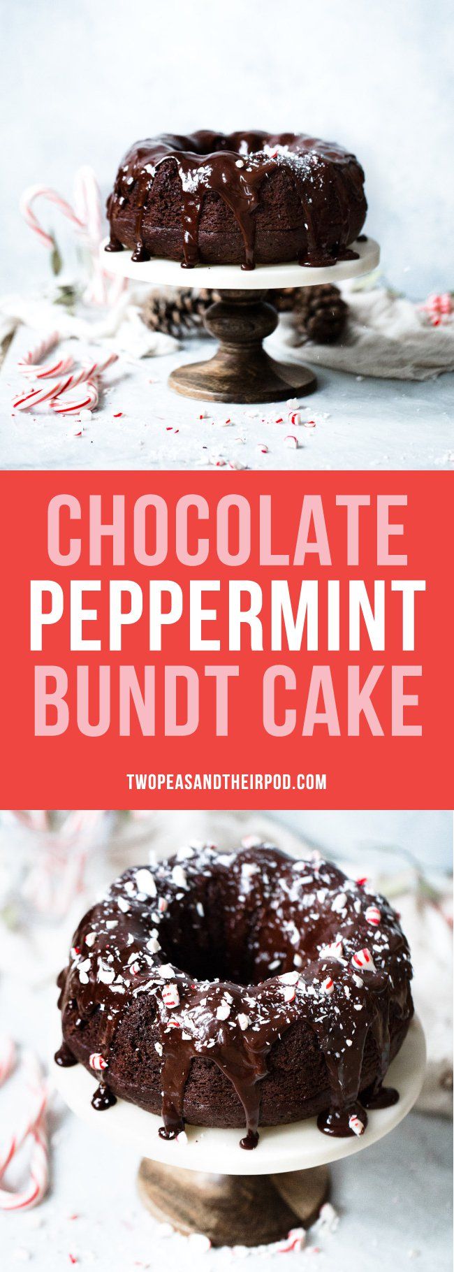 chocolate peppermint bundt cake on a plate with the words, chocolate peppermint bundt cake