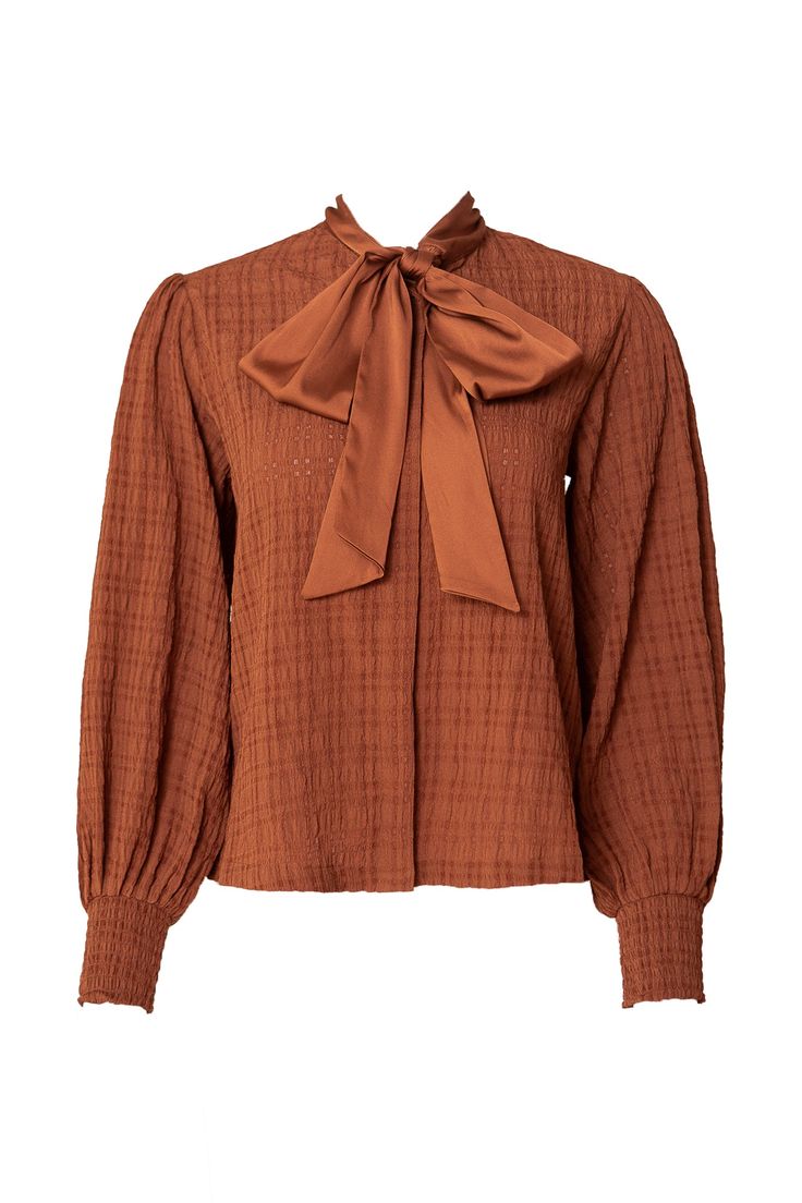 Introducing the Sybil Blouse in Brown! Made with durable brown woven fabric, this blouse features a high neckline with a functional bow for added style. The long balloon sleeve and smocked cuff add a touch of elegance, while the button up style makes it nursing friendly. The perfect addition to your wardrobe - versatile and chic! Just throw on your favorite pair of jeans and you have your new favorite fall outfit. Fall Daywear Blouse With Smocked Bodice, Fall Blouse With Smocked Bodice For Daywear, Fall Smocked Bodice Blouse For Daywear, Chic Brown Tops For Daywear, Chic Smocked Top With Lantern Sleeves For Fall, Chic Lantern Sleeve Smocked Top For Fall, Fall Tie Neck Blouse With Tie Sleeves, Brown Long Sleeve Tops With Blouson Sleeves, Fall Smocked Top With Bishop Sleeves