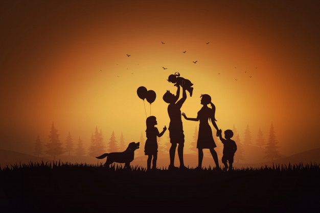 the silhouettes of people and their dog are holding balloons in front of an orange sky